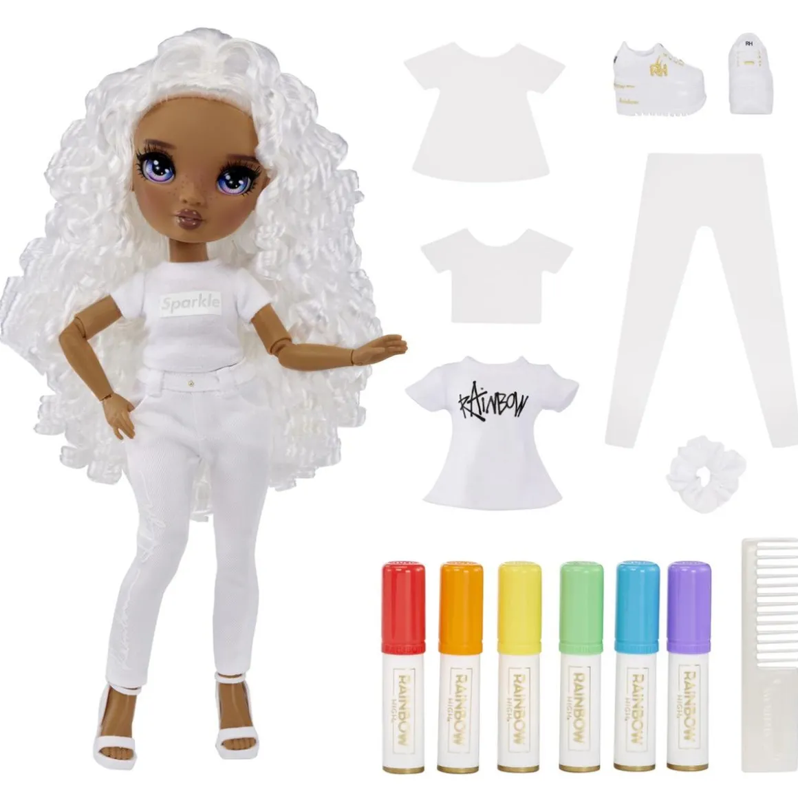 BABY born - Muñeca Fashion DIY colorear y crear - ojos morados, pelo rizado, top y zapatos extra, rotuladores arcoiris