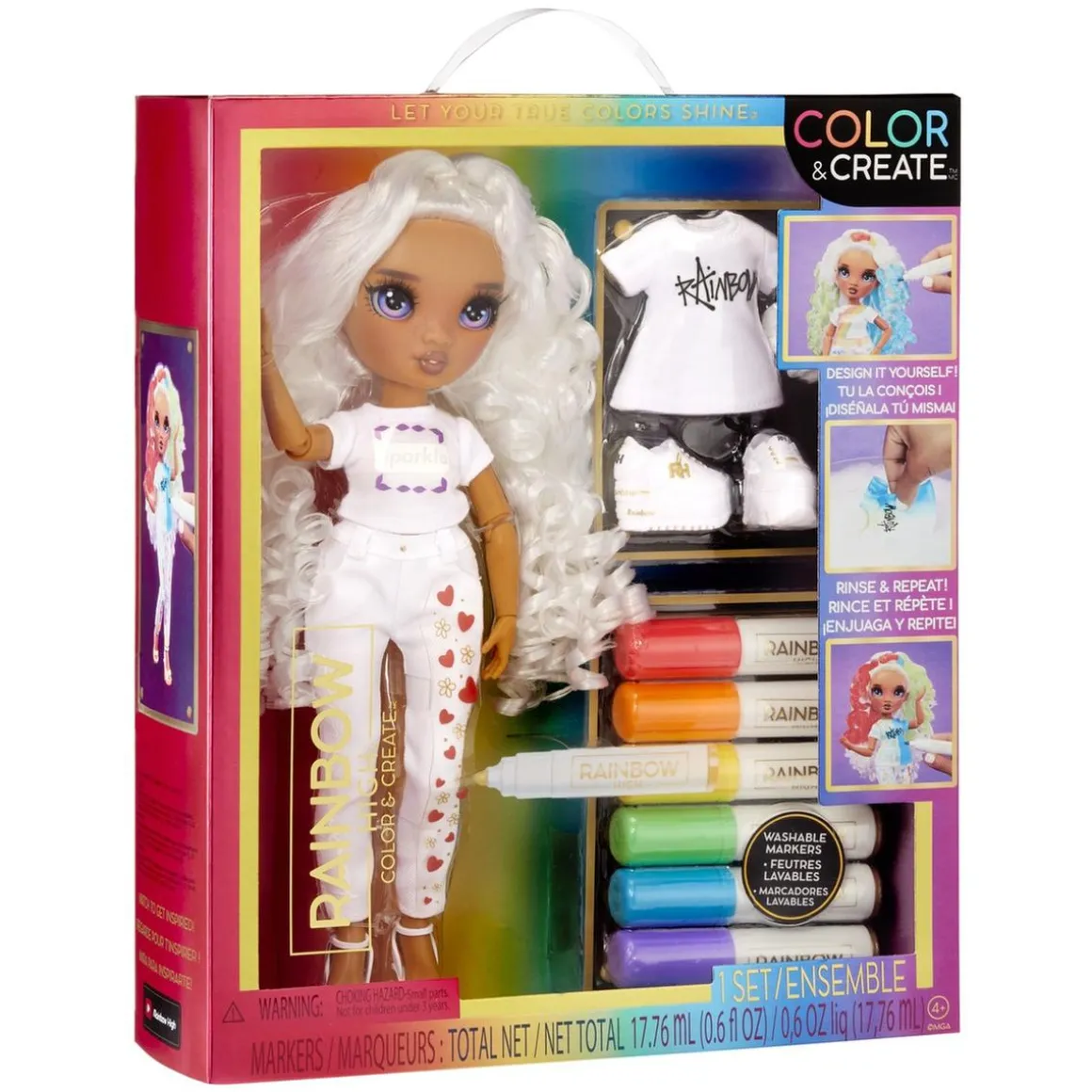 BABY born - Muñeca Fashion DIY colorear y crear - ojos morados, pelo rizado, top y zapatos extra, rotuladores arcoiris