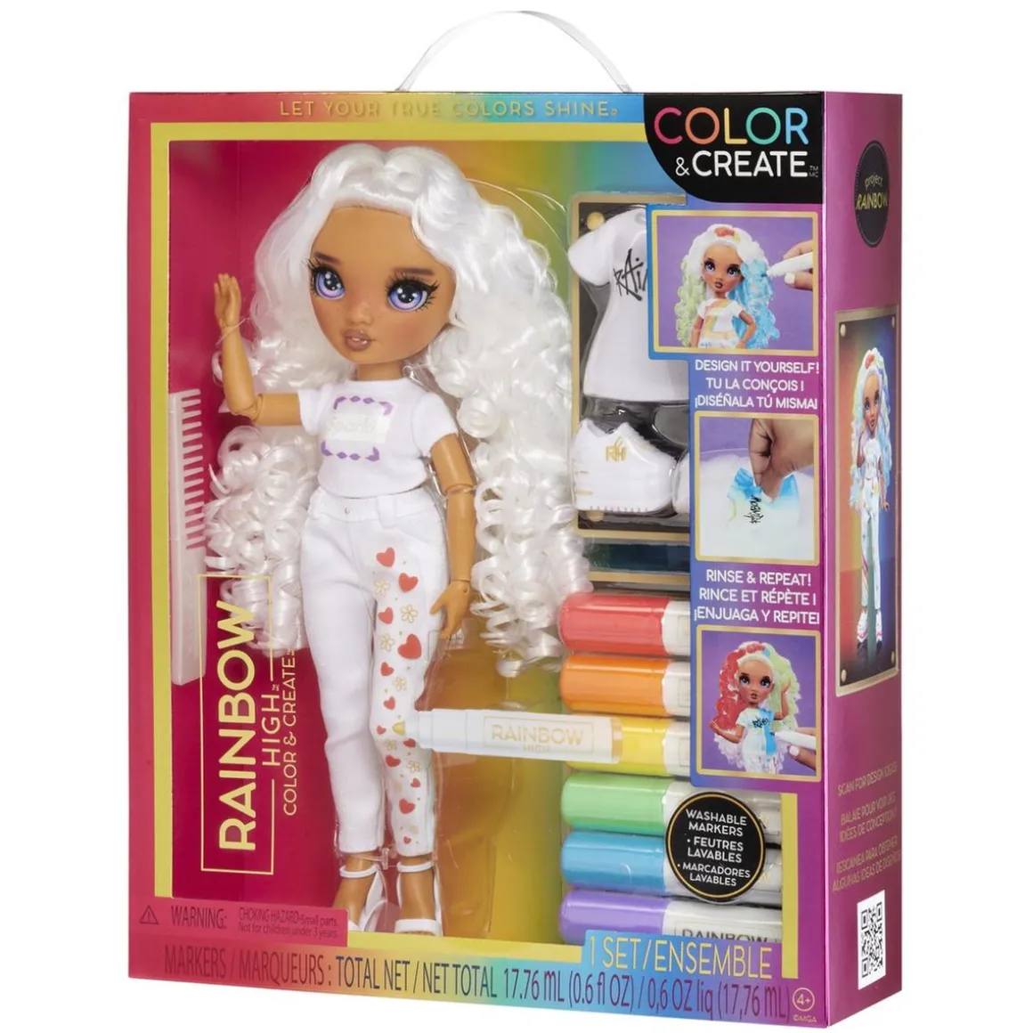 BABY born - Muñeca Fashion DIY colorear y crear - ojos morados, pelo rizado, top y zapatos extra, rotuladores arcoiris
