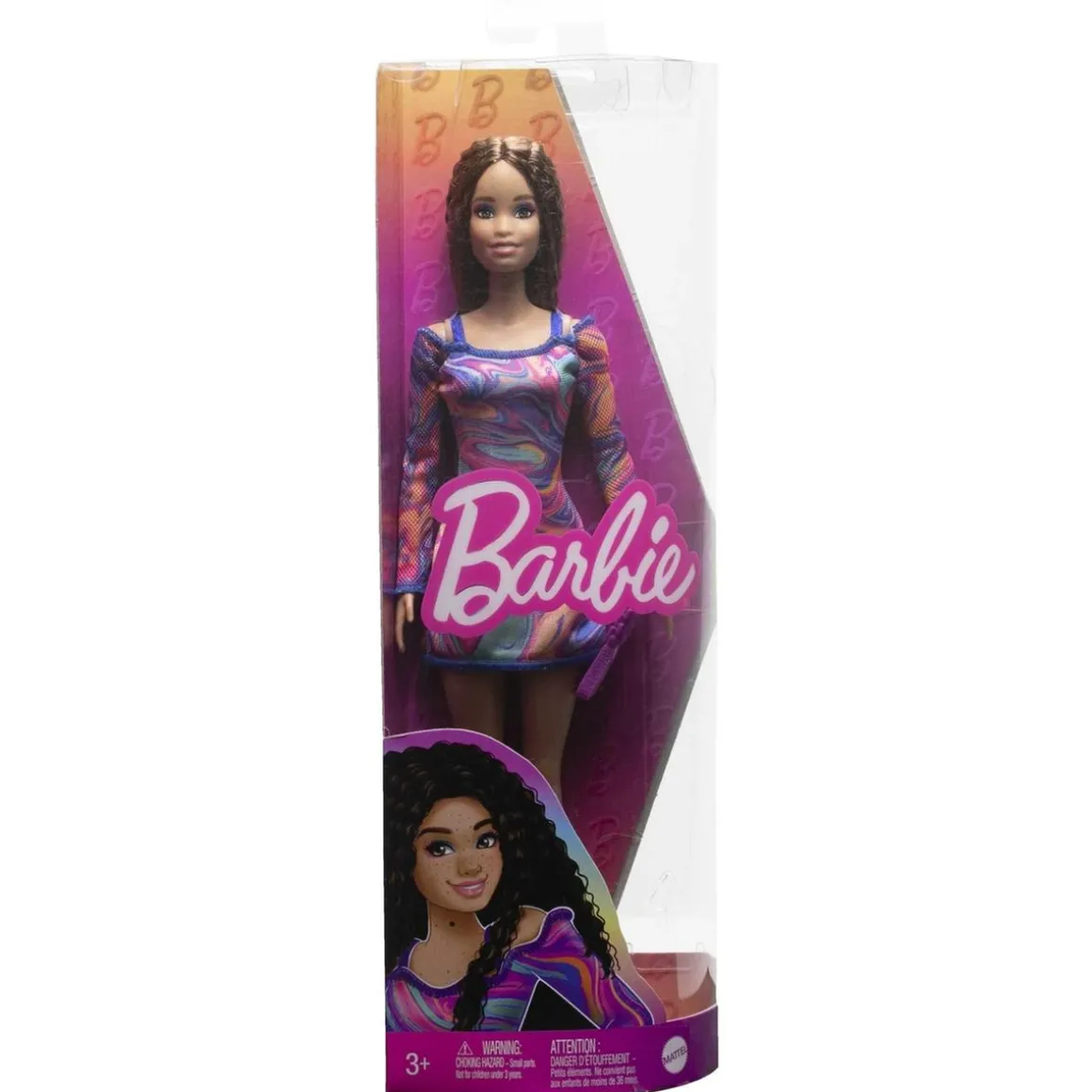 Barbie - Muñeca Fashionista con vestido estampado mármol y accesorios de moda ㅤ