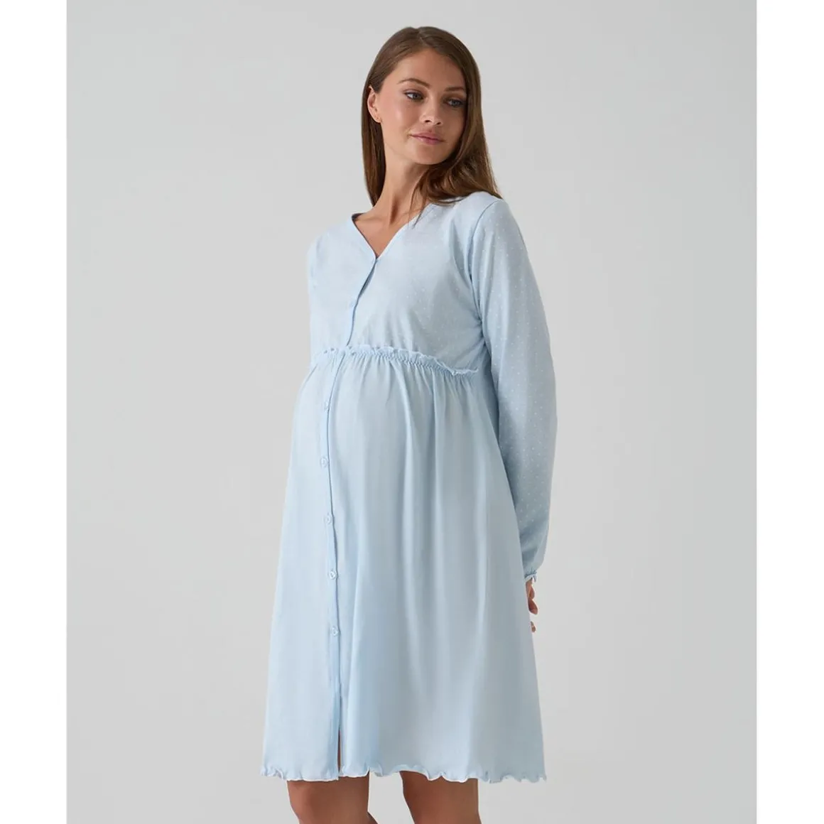 Camisa de noche premamá azul con volantes y lunares
