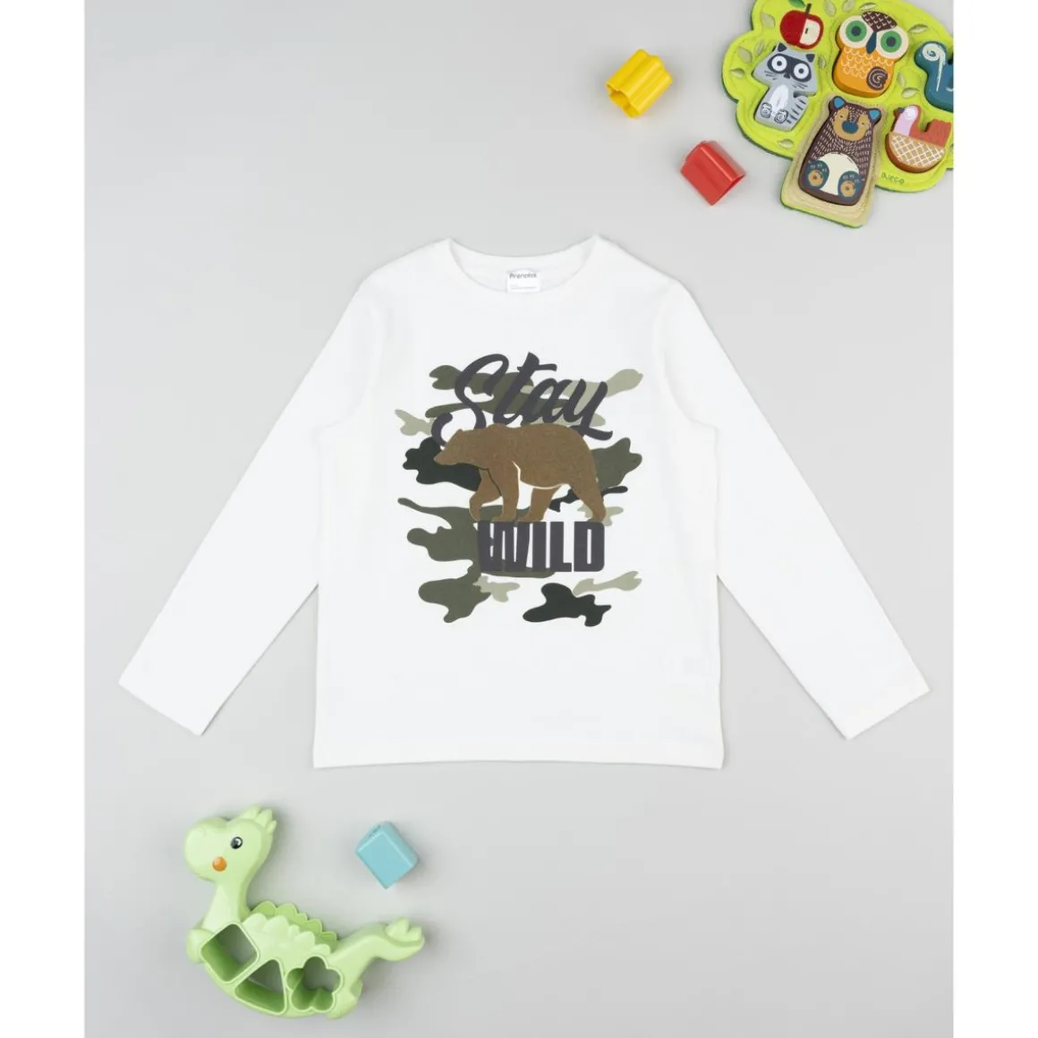 Camiseta blanca de manga larga para niño con estampado de oso