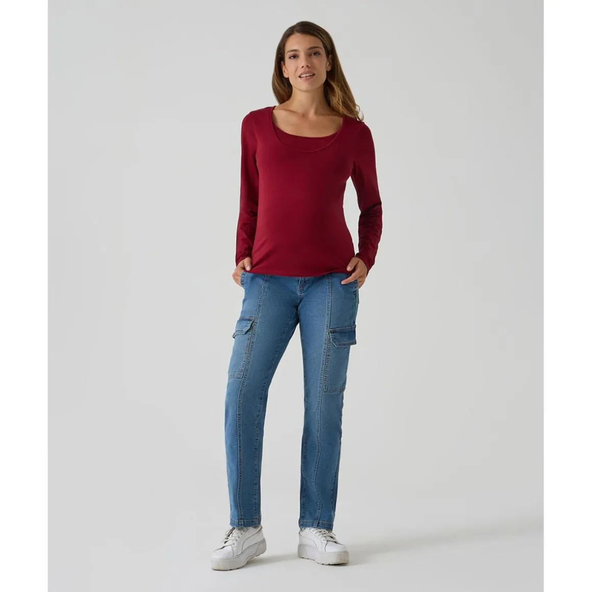 Camiseta de lactancia roja de manga larga en punto elástico