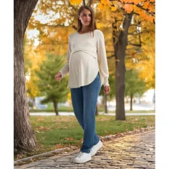 Camiseta de lactancia y premamá en tejido waffle color crema