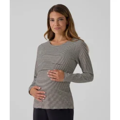 Camiseta premamá de lactancia negro y beige a rayas