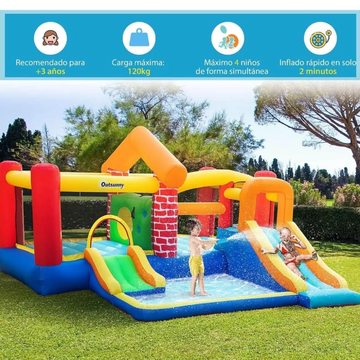 Castillo Hinchable con 2 toboganes y 2 camas de salto 380 cm Outsunny