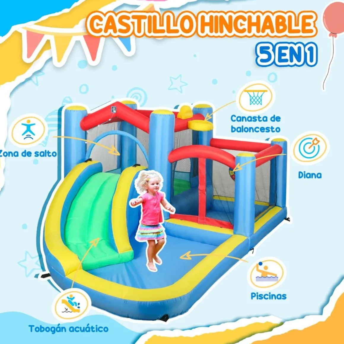 Castillo inflable 5 en 1 con tobogán y piscinas