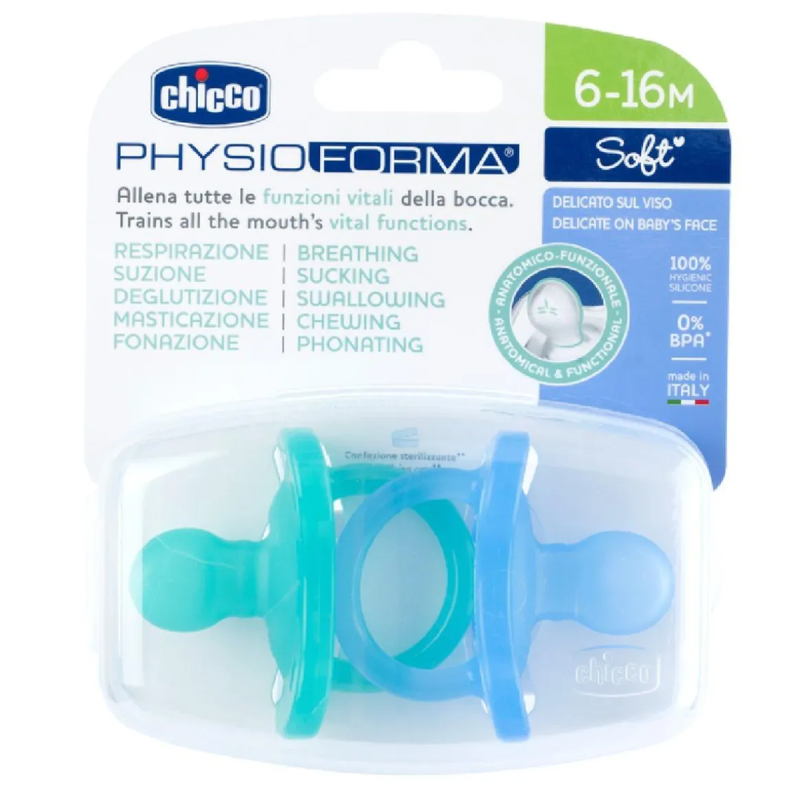 Chicco - Pack 2 chupetes PhysioForma Soft 6-16M - Azul
