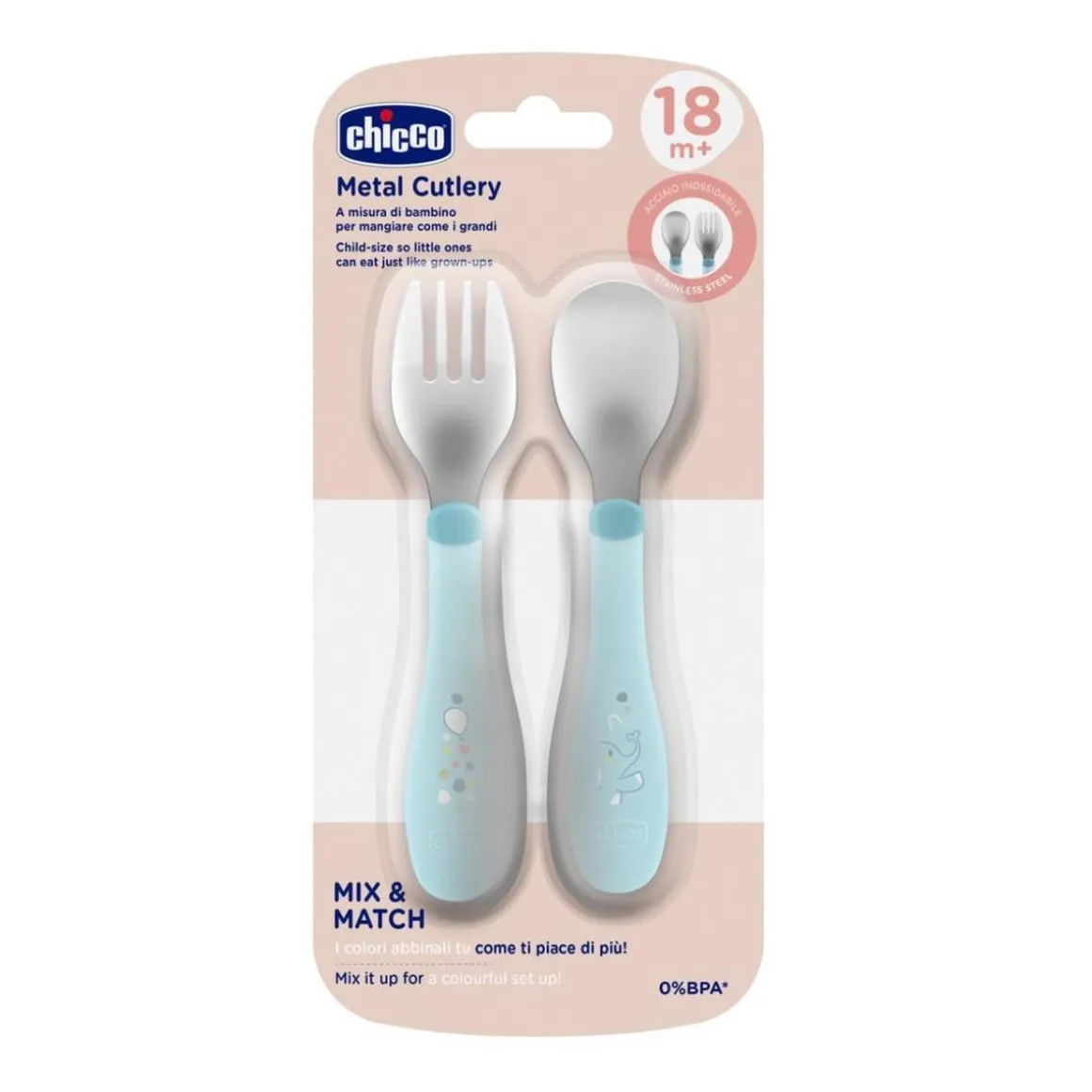 Chicco - Set de Cubiertos Acero Inoxidable 18M - Azul