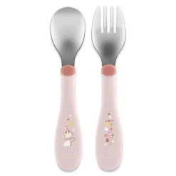 Chicco - Set de Cubiertos Acero Inoxidable 18M - Rosa