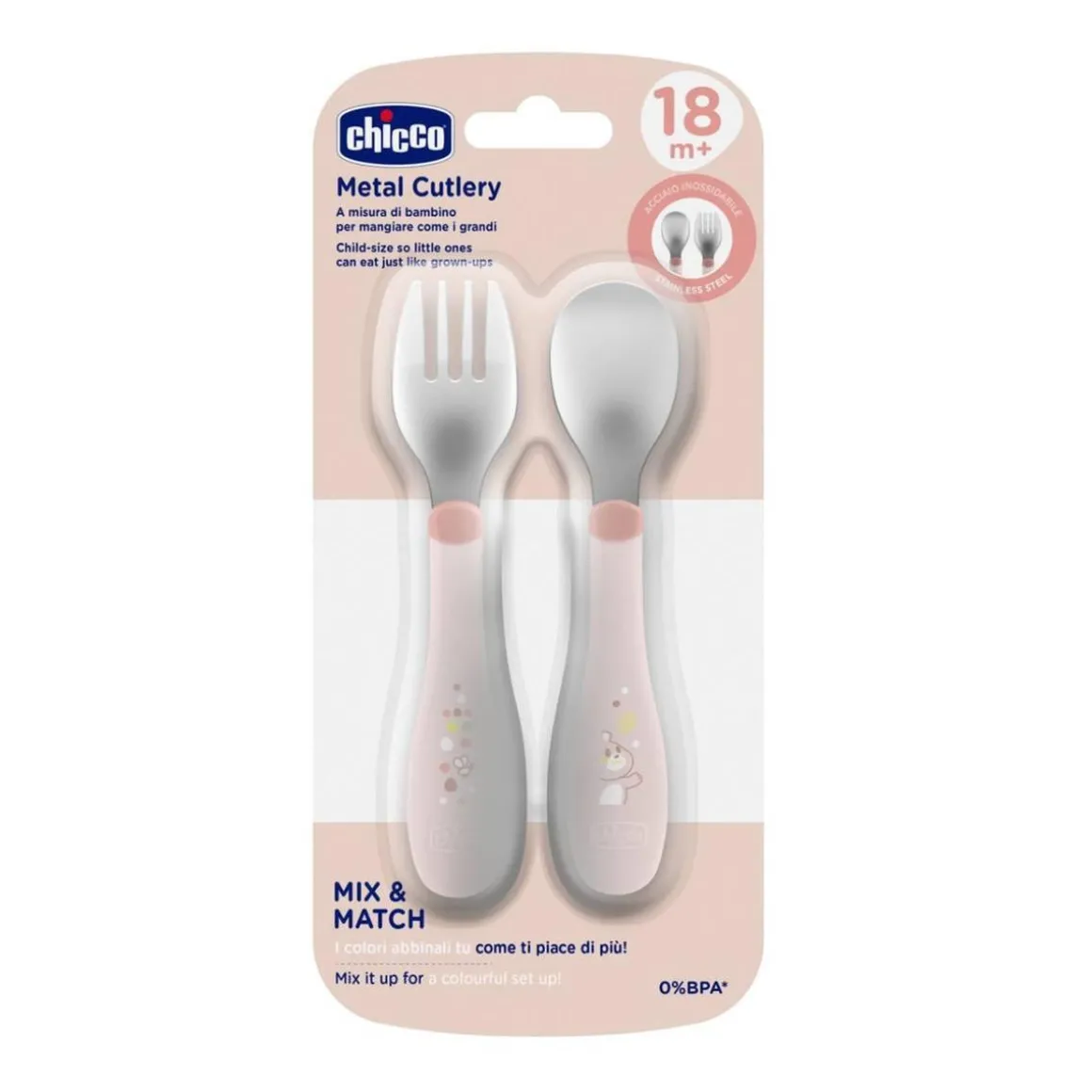 Chicco - Set de Cubiertos Acero Inoxidable 18M - Rosa