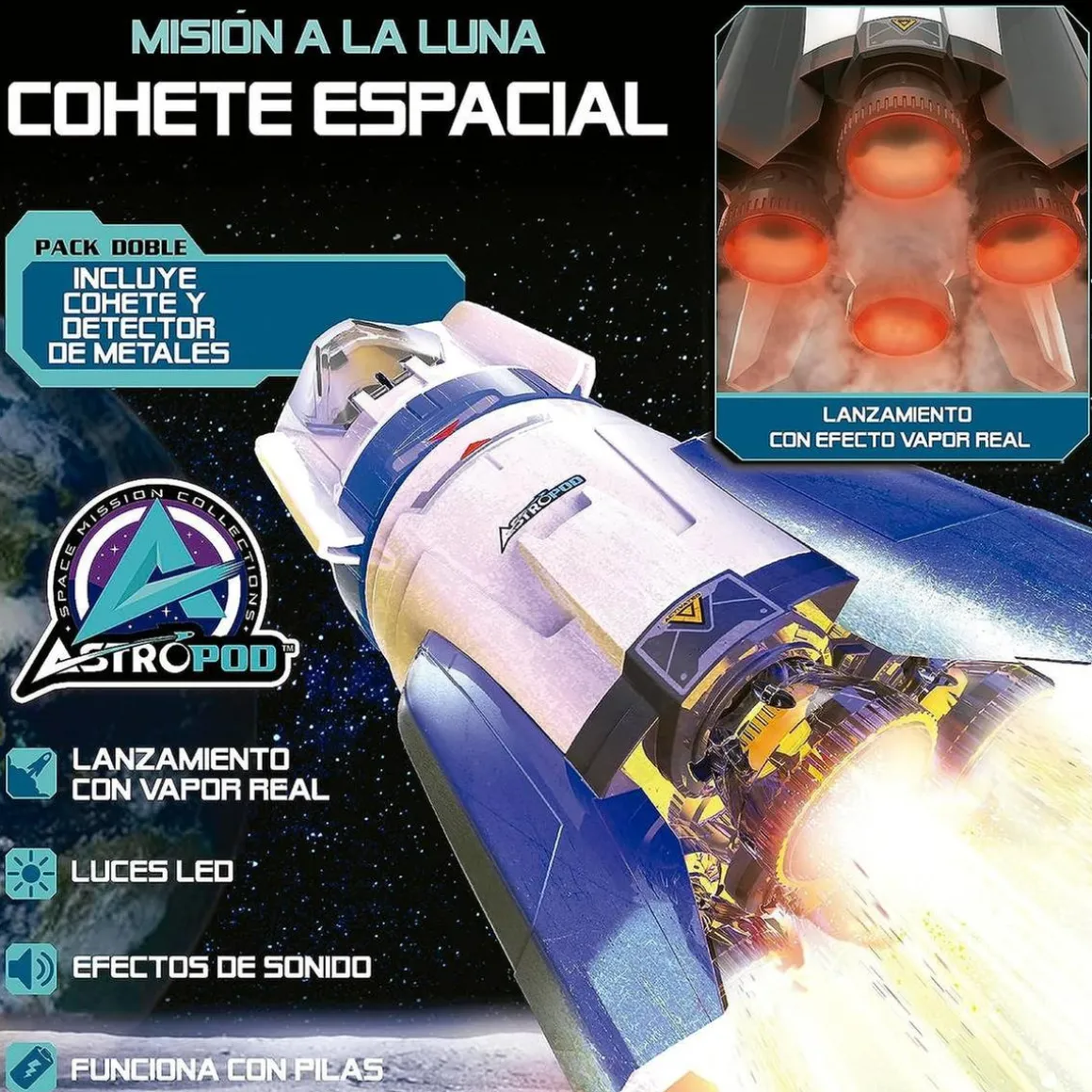 Cohete espacial construye y juega con luces y sonido, vehículo lunar y detector de metales real