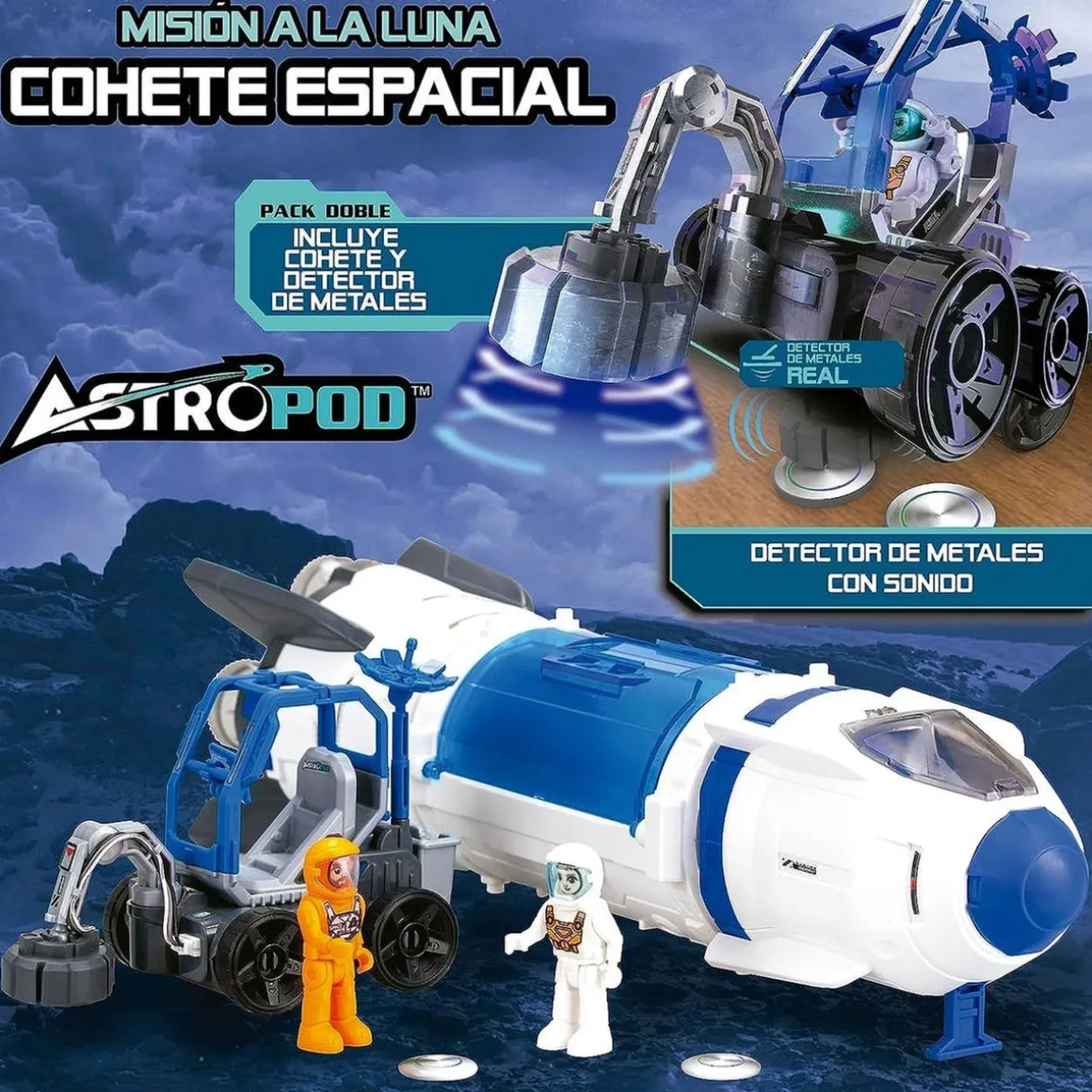 Cohete espacial construye y juega con luces y sonido, vehículo lunar y detector de metales real