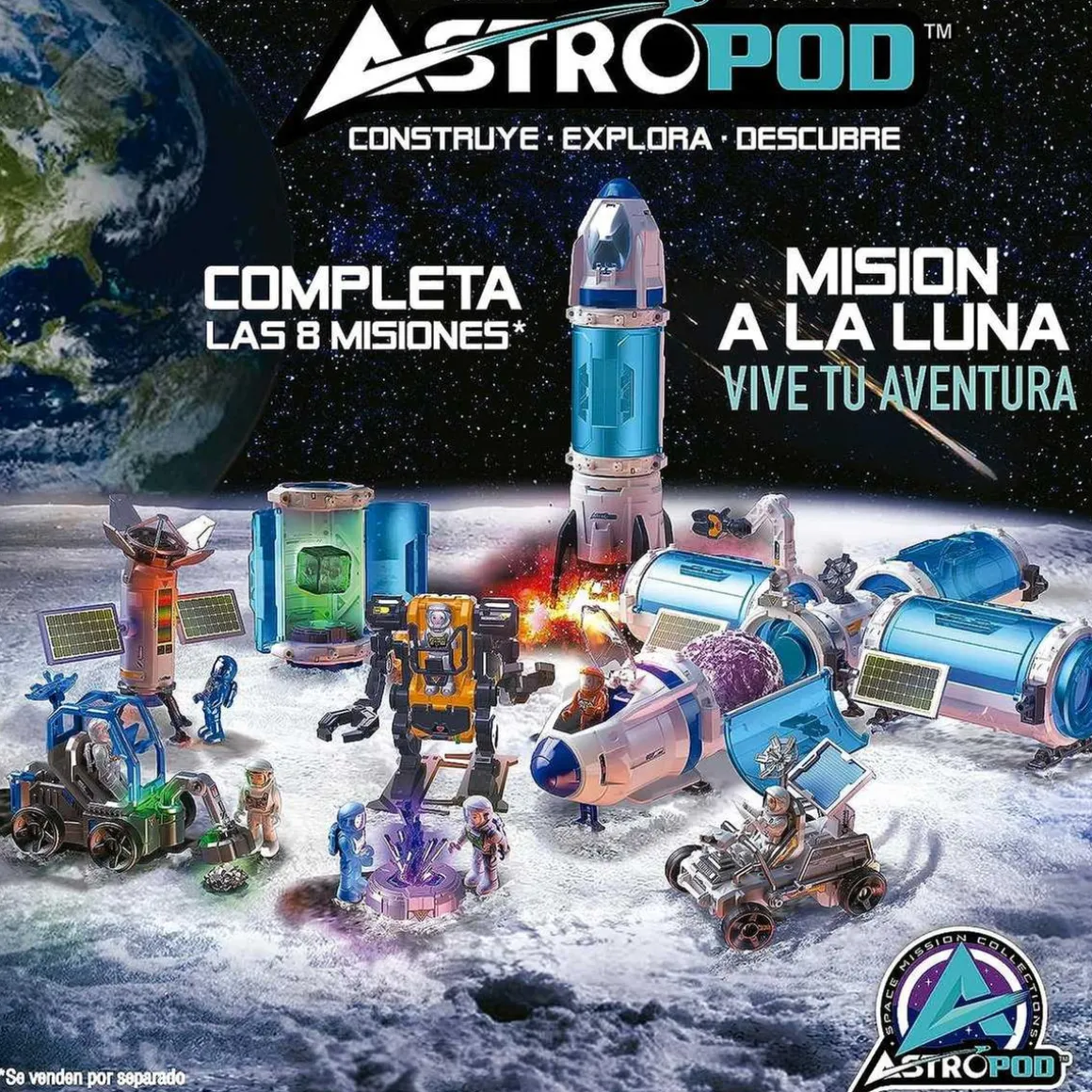 Cohete espacial construye y juega con luces y sonido, vehículo lunar y detector de metales real