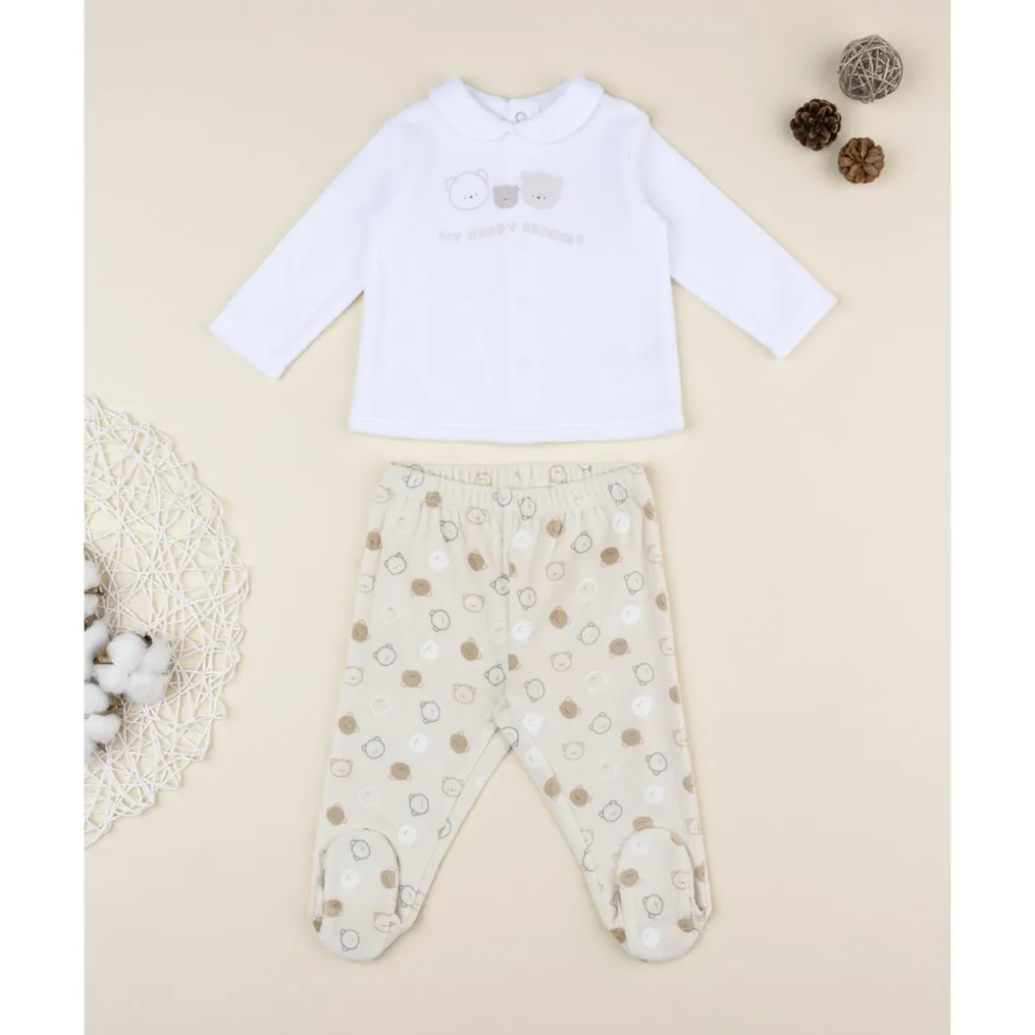 Conjunto 2 piezas de bebé en terciopelo blanco y beige con ositos