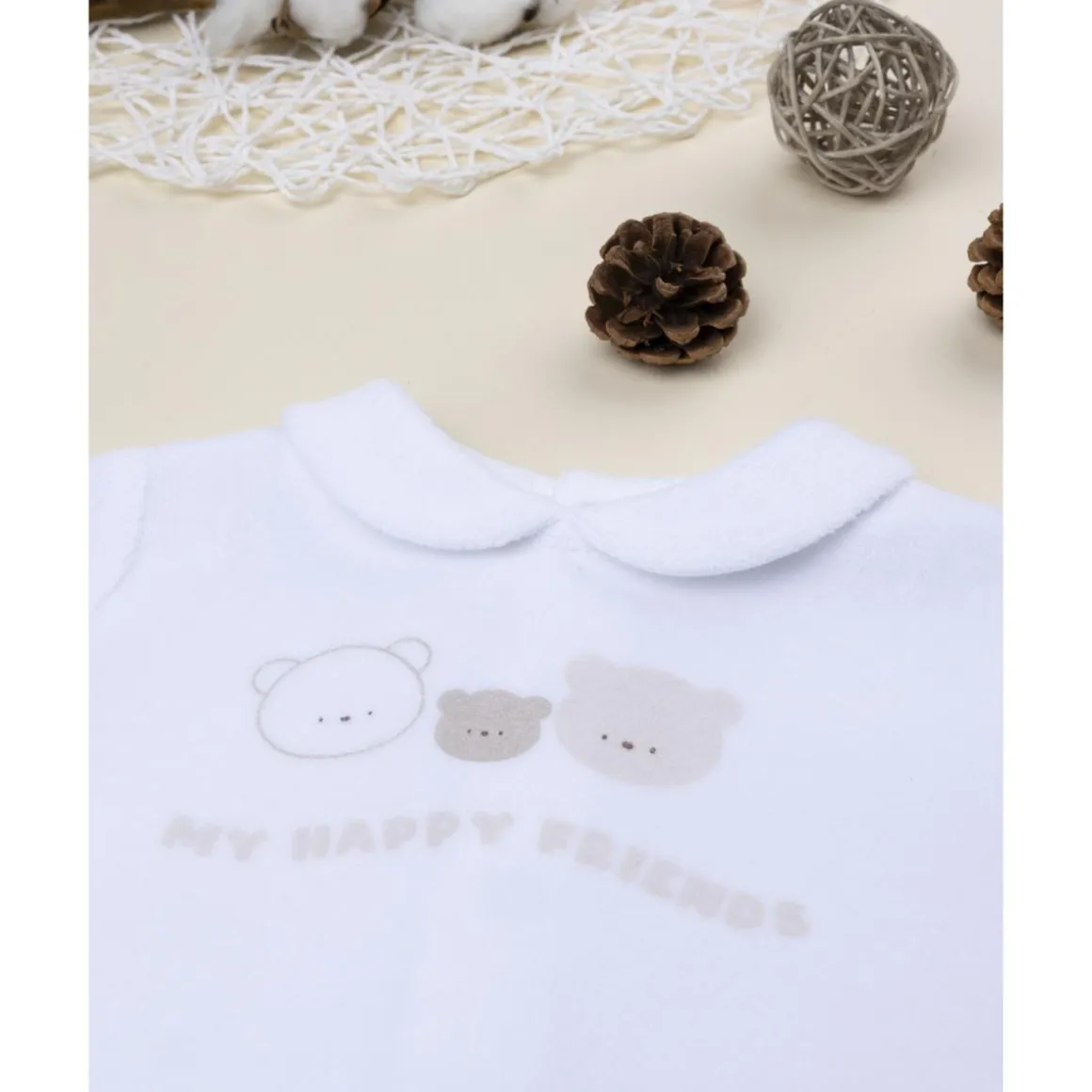 Conjunto 2 piezas de bebé en terciopelo blanco y beige con ositos