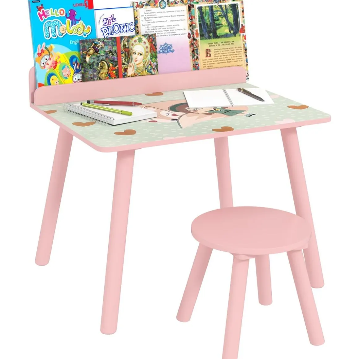 Conjunto de mesa y silla con estante integrado Rosa
