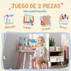 Conjunto de mesa y silla con estante integrado Rosa