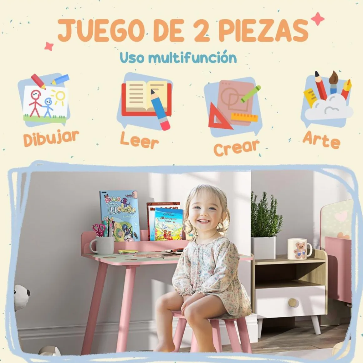 Conjunto de mesa y silla con estante integrado Rosa