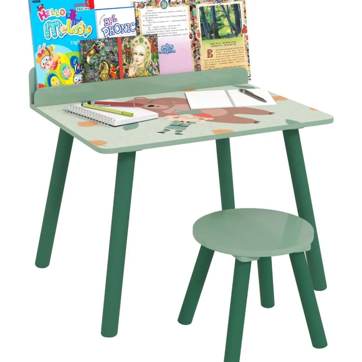 Conjunto de mesa y silla con estante integrado Verde