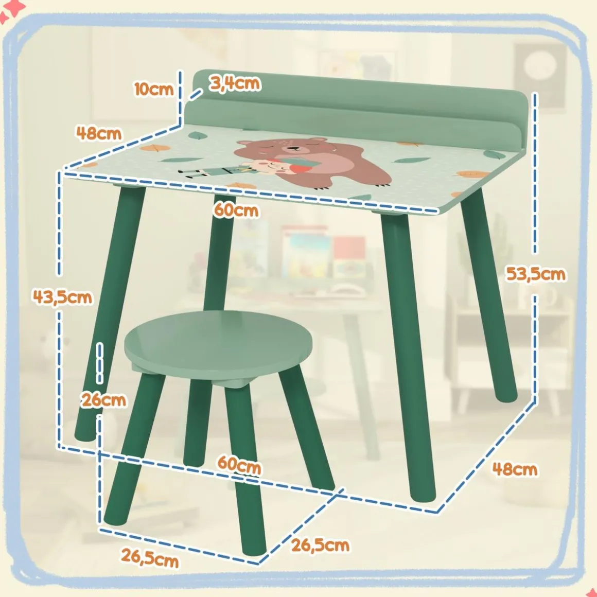 Conjunto de mesa y silla con estante integrado Verde