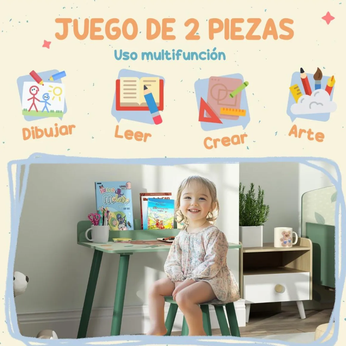 Conjunto de mesa y silla con estante integrado Verde