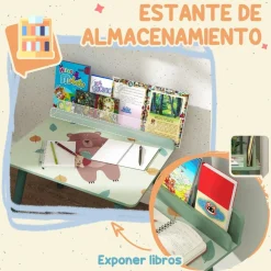 Conjunto de mesa y silla con estante integrado Verde