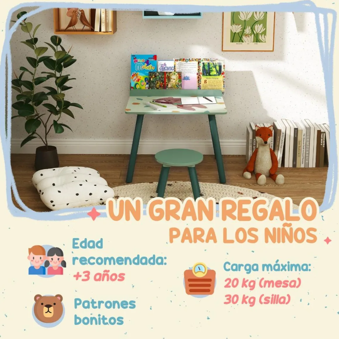 Conjunto de mesa y silla con estante integrado Verde