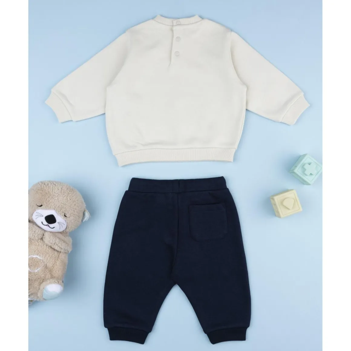 Conjunto jogging bebé beige y azul con ositos
