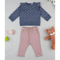 Conjunto niña azul y rosa con flores