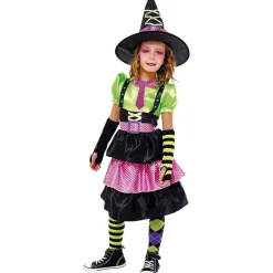 Disfraz de bruja con vestido, cinturón, tirantes y sombrero para Halloween y Carnaval