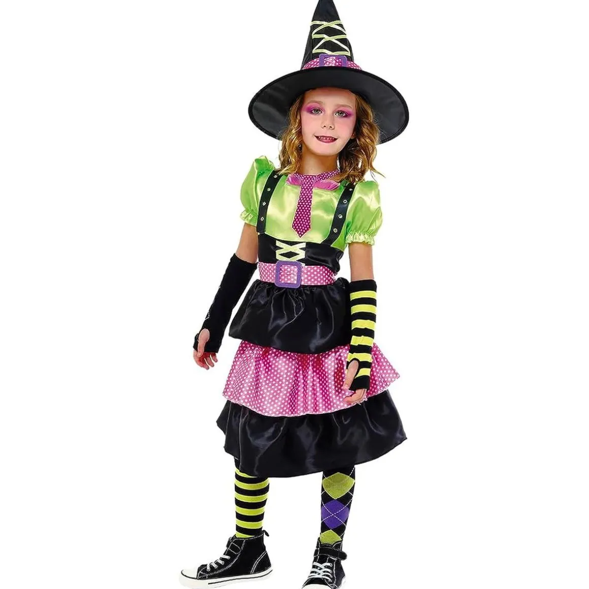 Disfraz de bruja con vestido, cinturón, tirantes y sombrero para Halloween y Carnaval