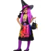Disfraz de bruja encantada con vestido impreso, sombrero y bolso para fiestas