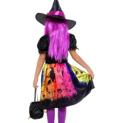 Disfraz de bruja encantada con vestido impreso, sombrero y bolso para fiestas