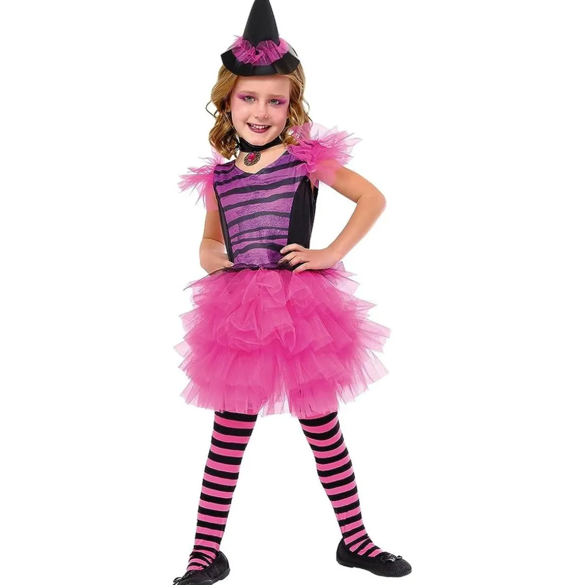 Disfraz de bruja glamurosa con vestido, sombrero y gargantilla rosa