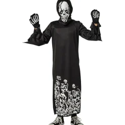 Disfraz Esqueleto Siniestro con capucha y guantes para Halloween, Carnaval y Fiestas