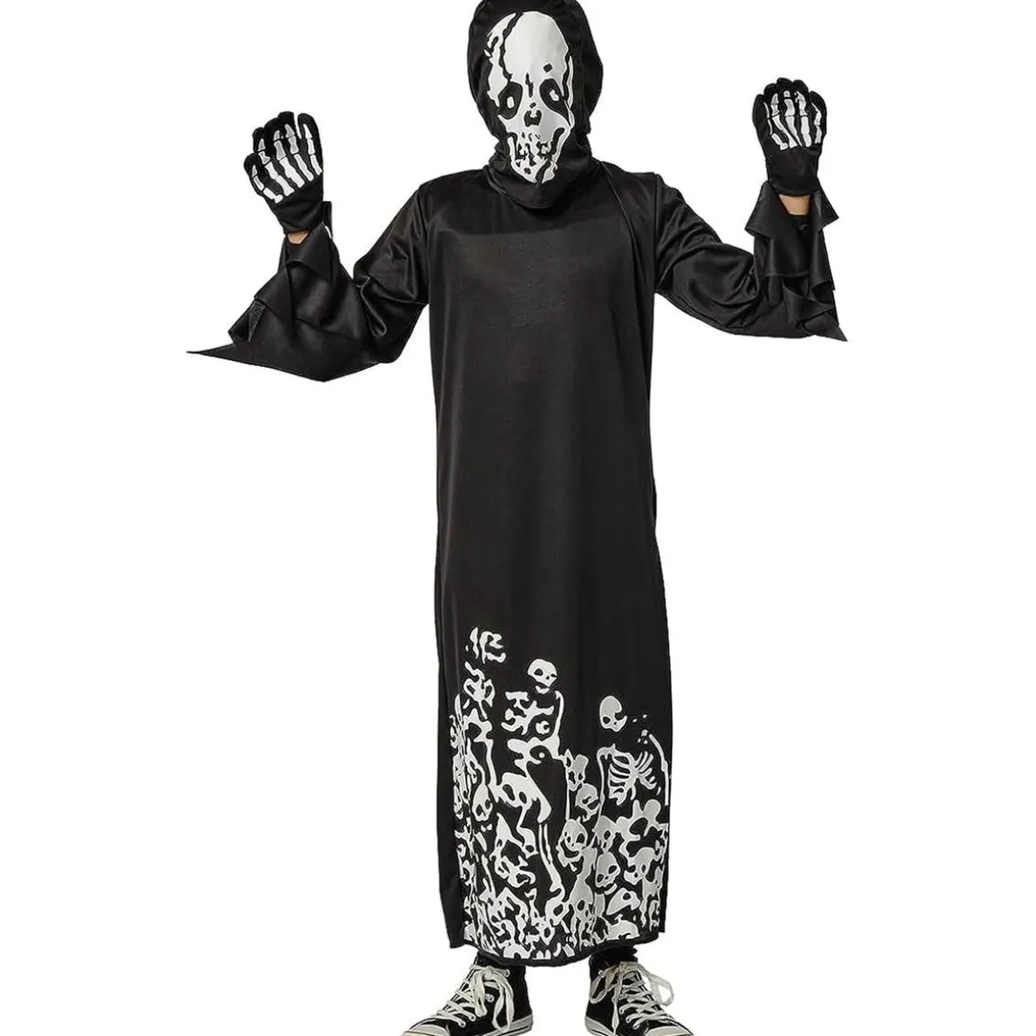 Disfraz Esqueleto Siniestro con capucha y guantes para Halloween, Carnaval y Fiestas
