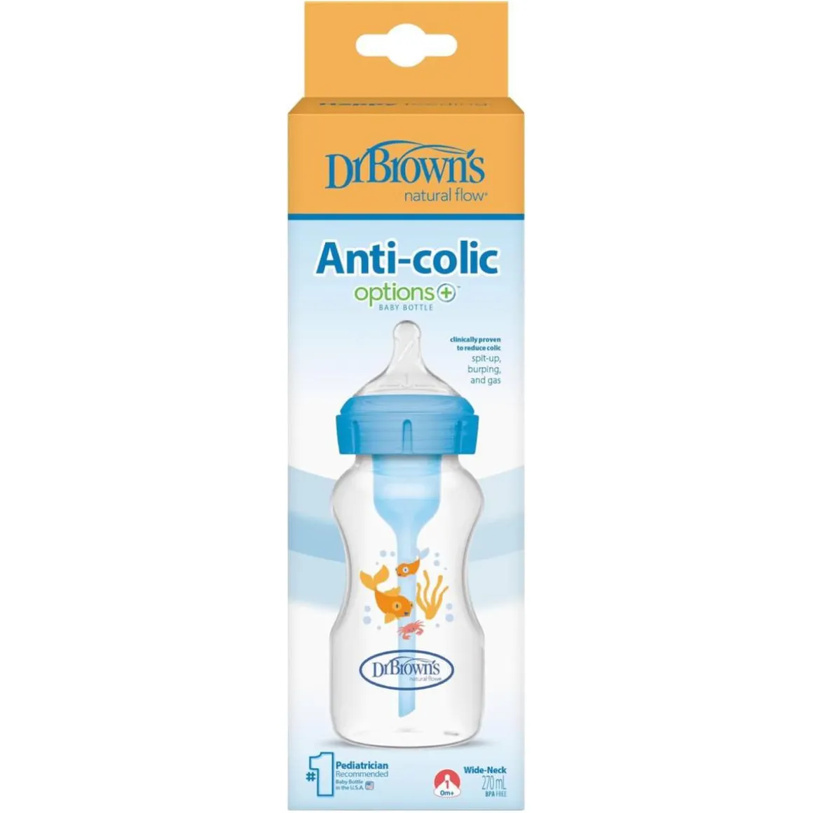 Dr. Brown's - Biberón Anticólico Options+ Boca Ancha 270 ml - Azul
