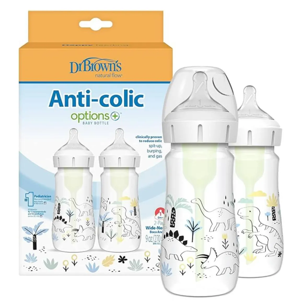 Dr. Brown's - Pack 2 Biberones Options+ Boca Ancha 270ml - Dinosaurios