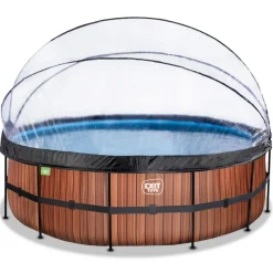Exit - Piscina Wood efecto madera diámetro 450 x 122 cm con filtro de arena, cúpula y bomba de calor