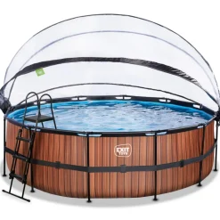 Exit - Piscina Wood efecto madera diámetro 450 x 122 cm con filtro de arena, cúpula y bomba de calor