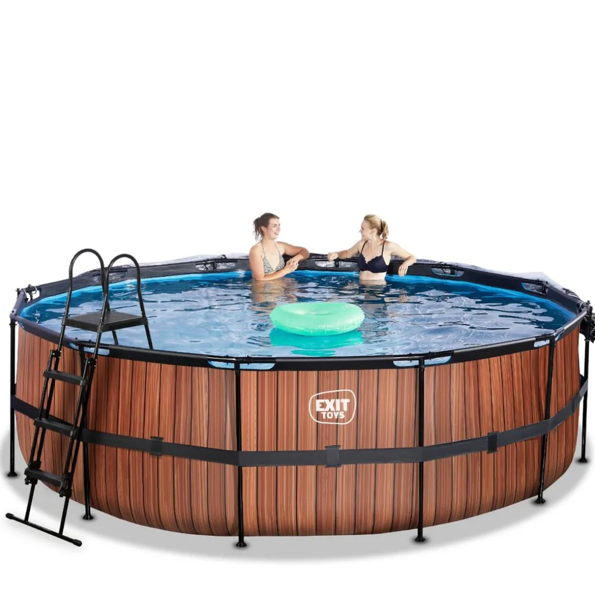 Exit - Piscina Wood efecto madera diámetro 450 x 122 cm con filtro de arena, cúpula y bomba de calor