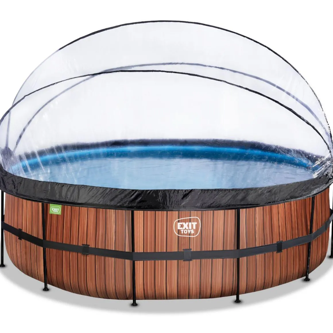 Exit - Piscina Wood efecto madera diámetro 488 x 122 cm con filtro de arena, cúpula y bomba de calor