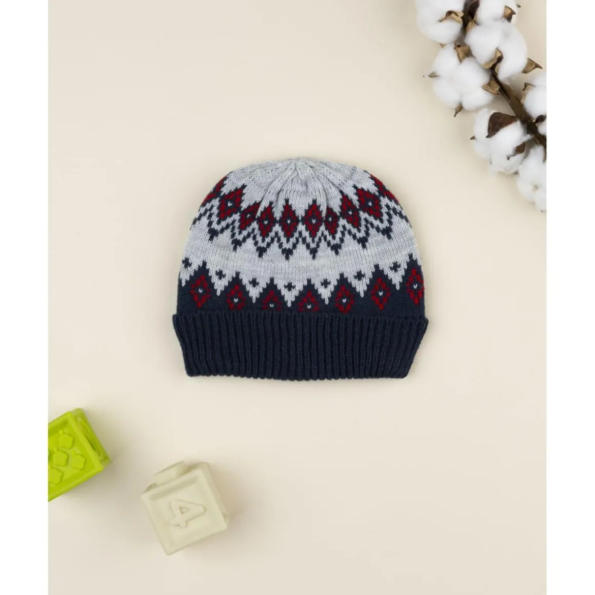 Gorro tricot azul y gris con grecas para niño