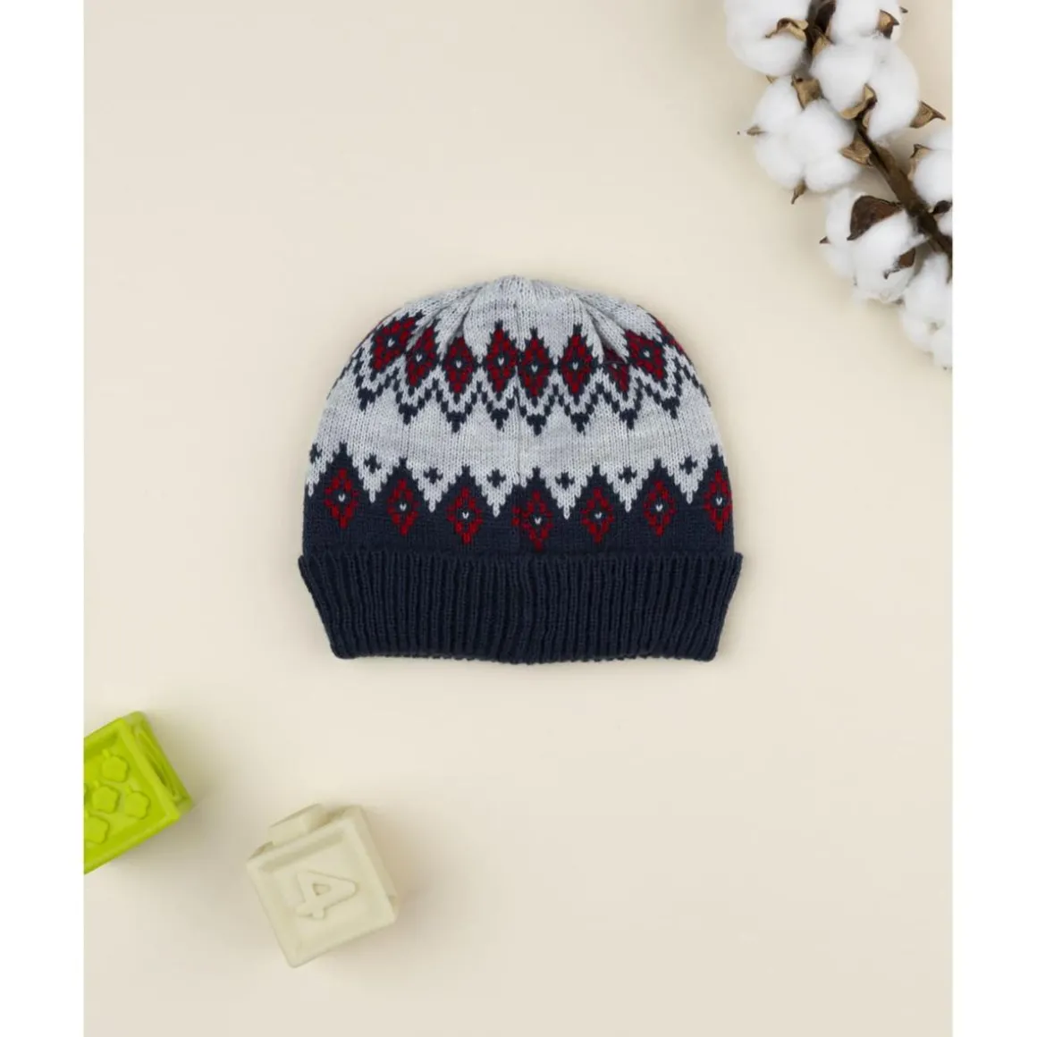 Gorro tricot azul y gris con grecas para niño