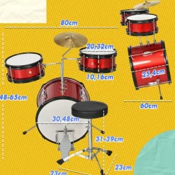 Homcom - Batería con taburete Rojo