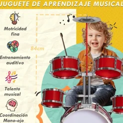 Homcom - Batería infantil 6 piezas con taburete Rojo