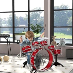 Homcom - Batería infantil 7 piezas con taburete Rojo