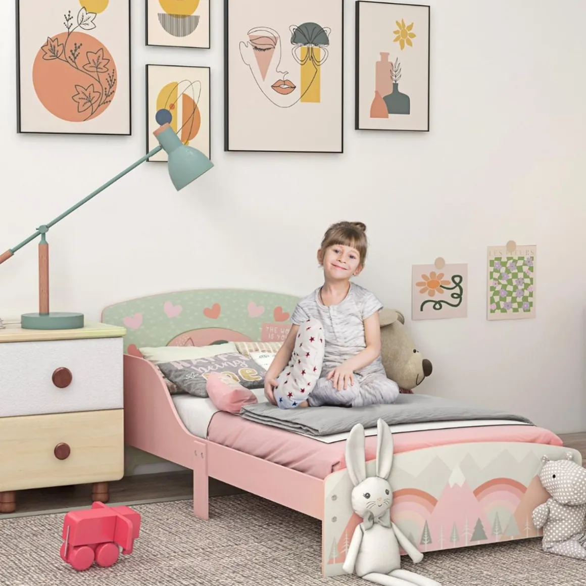 Homcom - Cama infantil Montañas Rosa