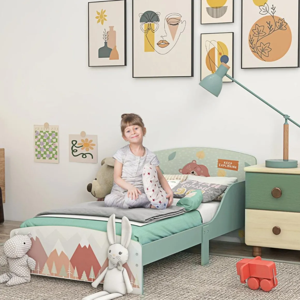 Homcom - Cama infantil Montañas Verde